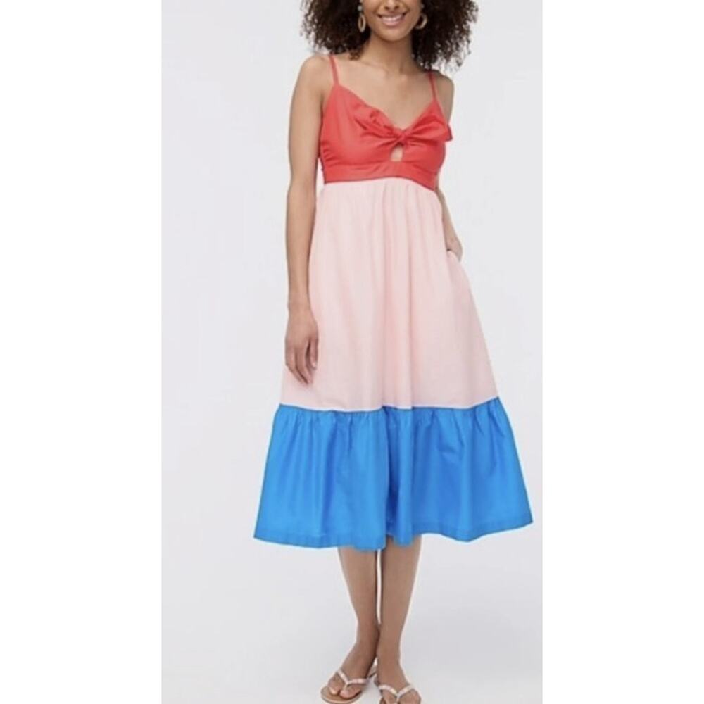 J Crew 6 Midi Dress Cotton Colorblack Empire Waist Babydoll Red Pink Bow Pockets